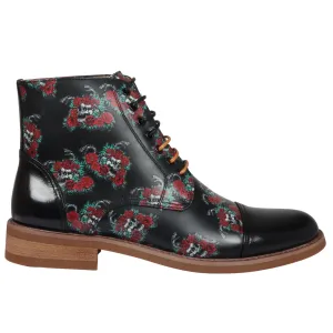 Adam Oxford Floral Skull Print Lace Up Leather Dress Ankle Boots
