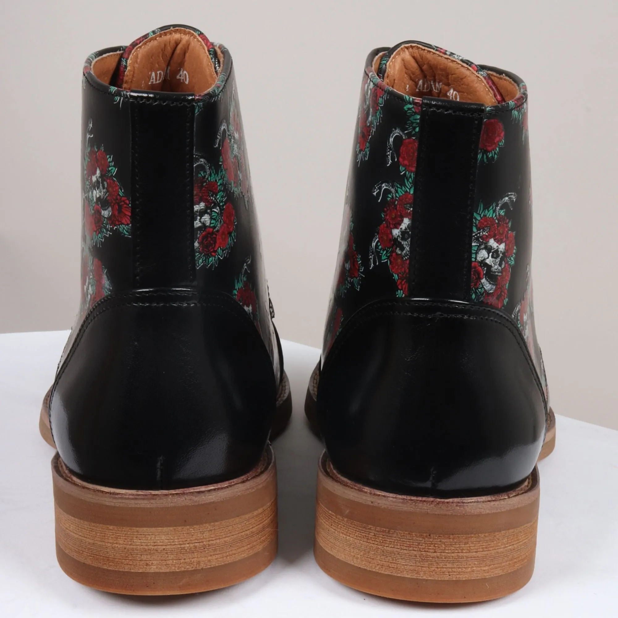 Adam Oxford Floral Skull Print Lace Up Leather Dress Ankle Boots