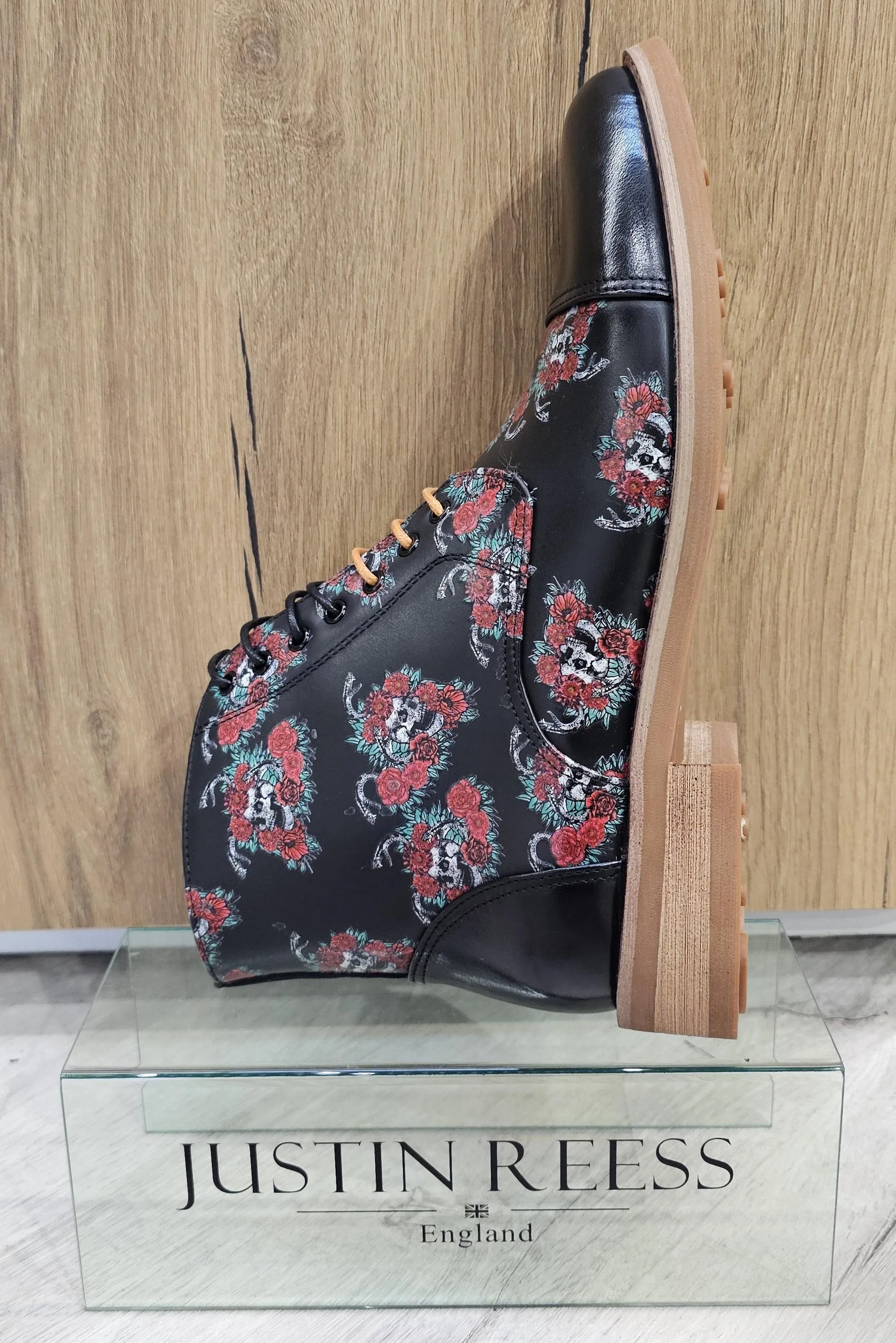 Adam Oxford Floral Skull Print Lace Up Leather Dress Ankle Boots