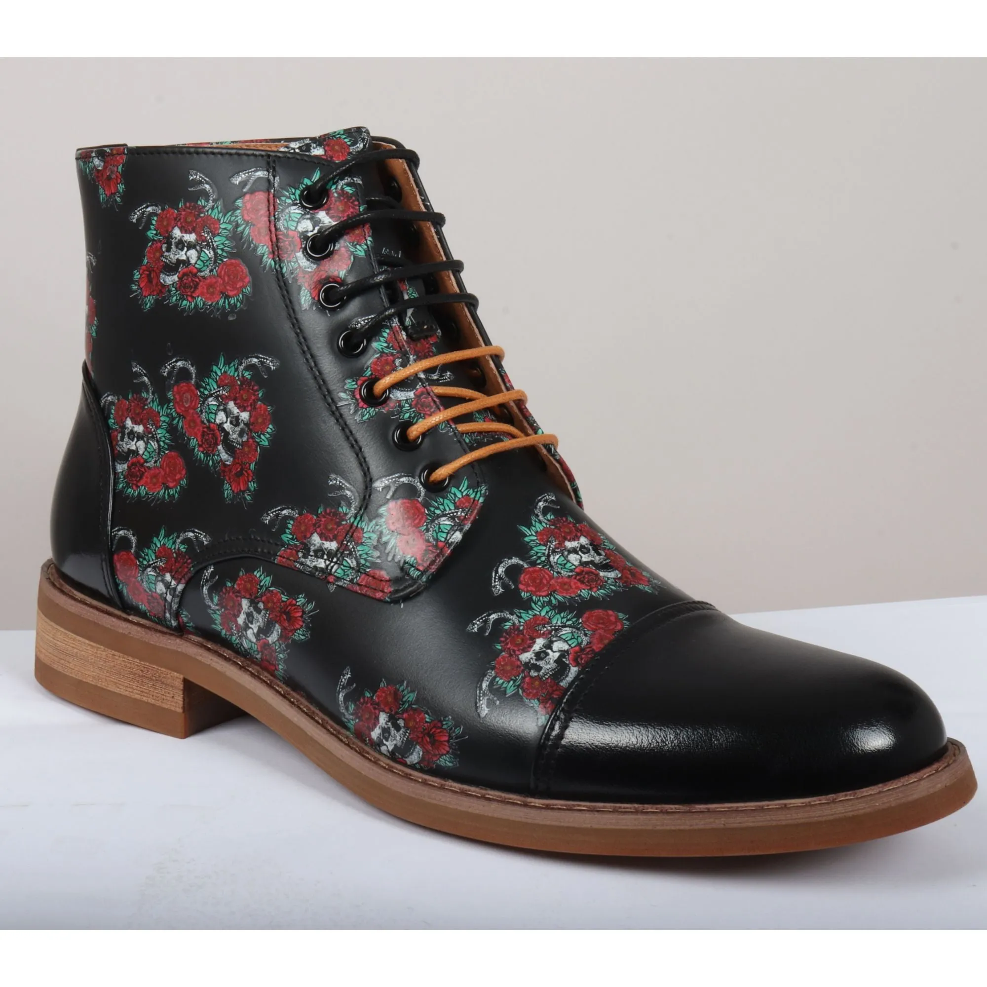 Adam Oxford Floral Skull Print Lace Up Leather Dress Ankle Boots