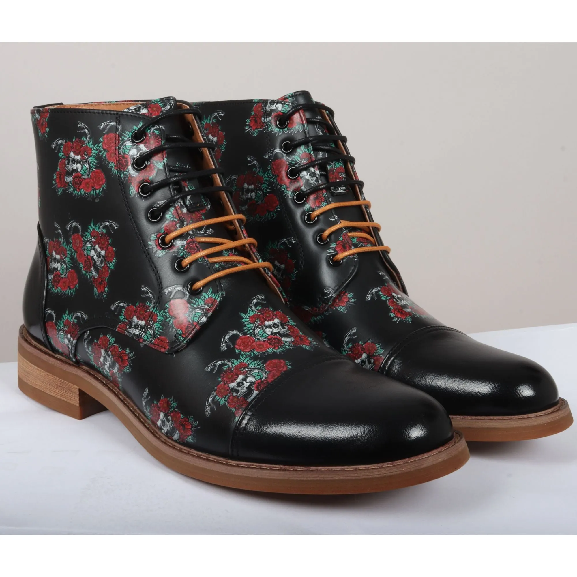 Adam Oxford Floral Skull Print Lace Up Leather Dress Ankle Boots
