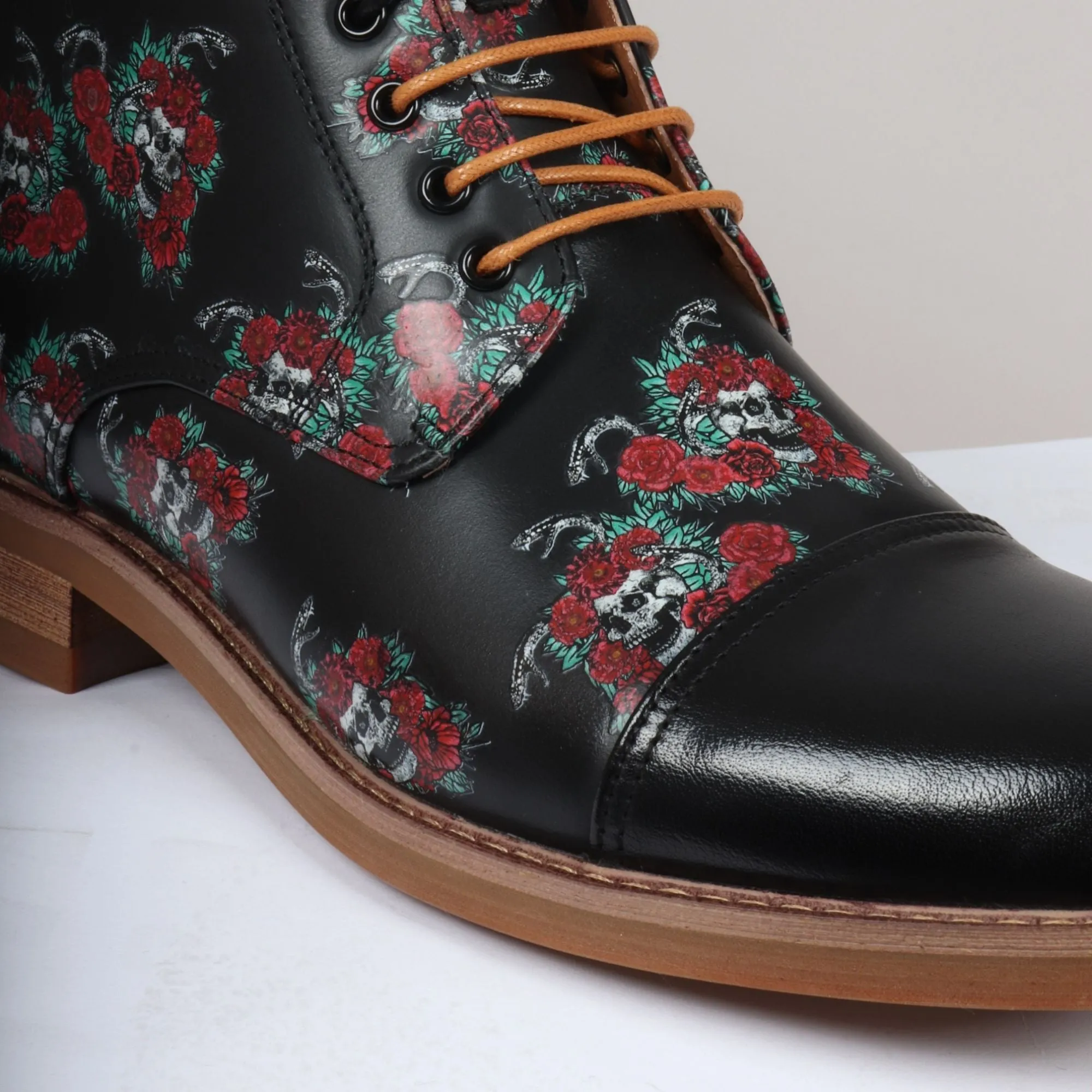 Adam Oxford Floral Skull Print Lace Up Leather Dress Ankle Boots