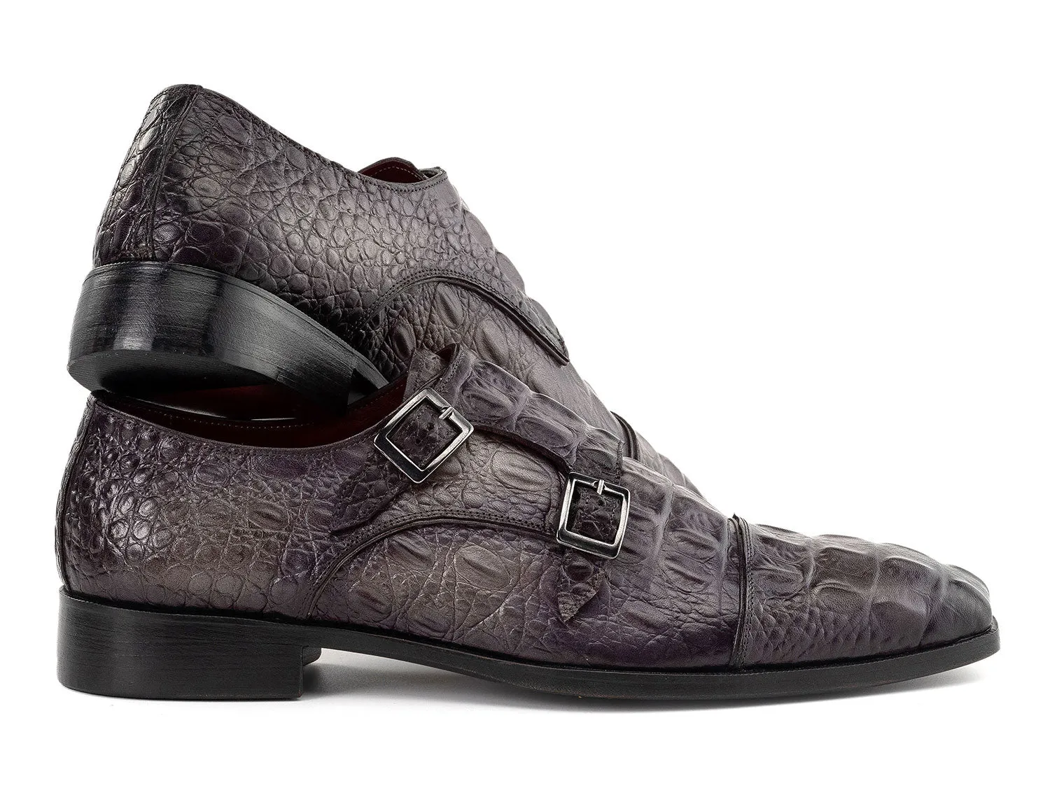 Paul Parkman Shoes Paul Parkman Double Monkstrap Shoes Crocodile Textured Leather in Grey
