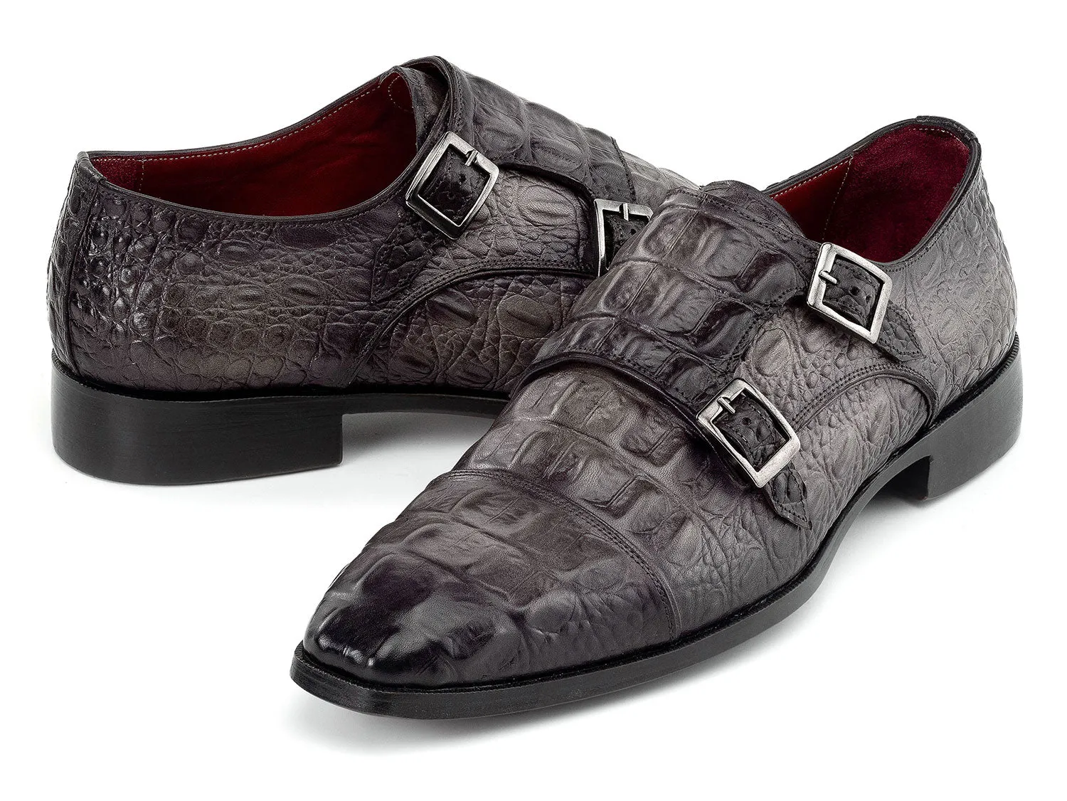 Paul Parkman Shoes Paul Parkman Double Monkstrap Shoes Crocodile Textured Leather in Grey