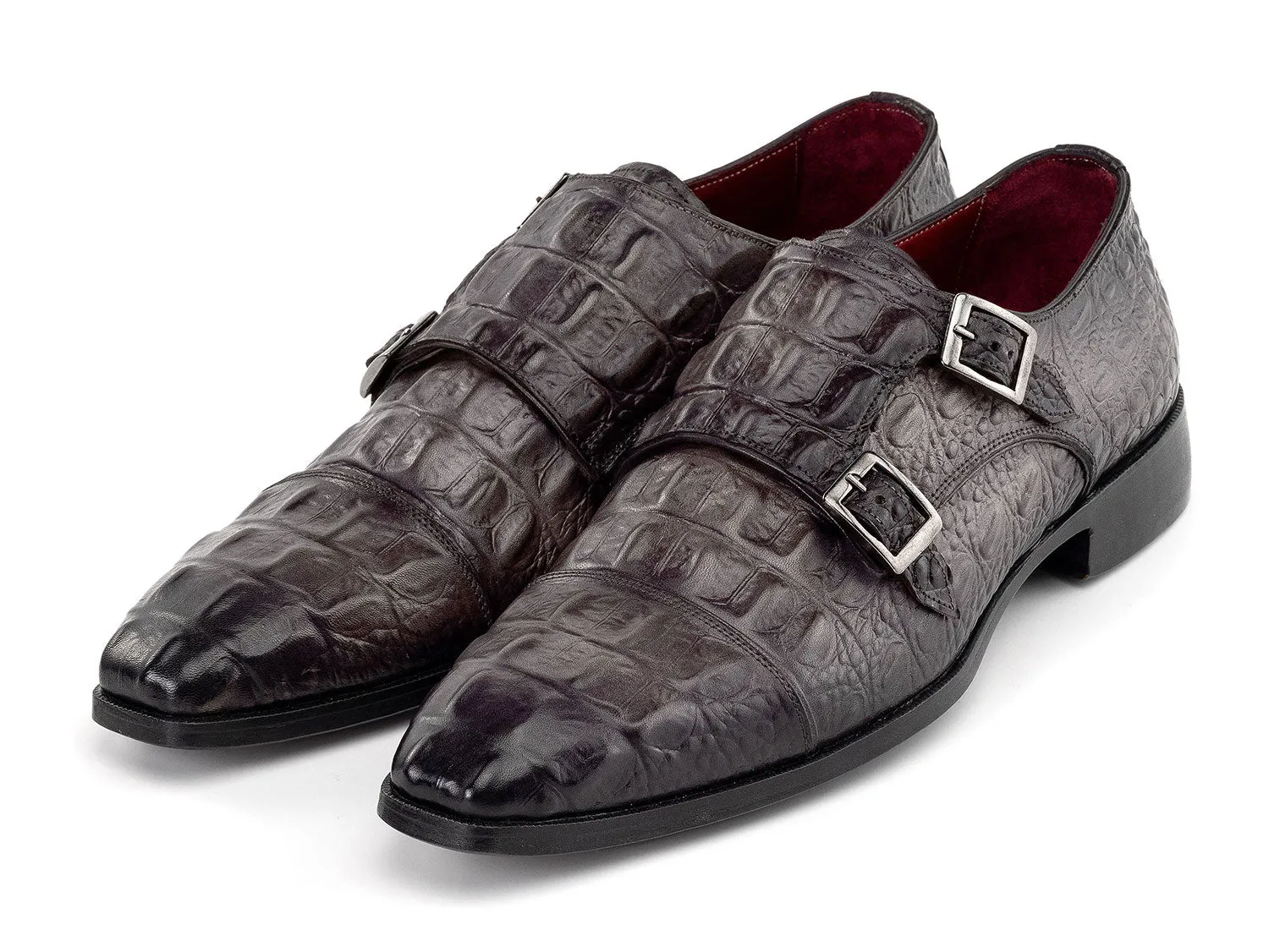 Paul Parkman Shoes Paul Parkman Double Monkstrap Shoes Crocodile Textured Leather in Grey