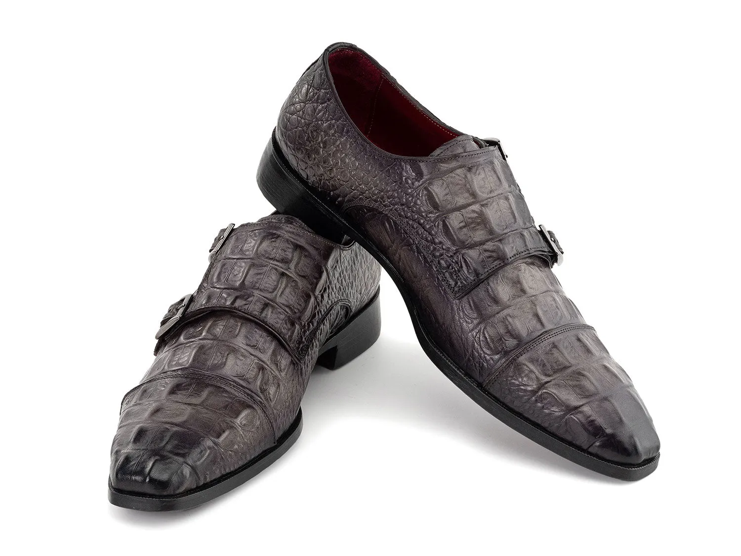 Paul Parkman Shoes Paul Parkman Double Monkstrap Shoes Crocodile Textured Leather in Grey