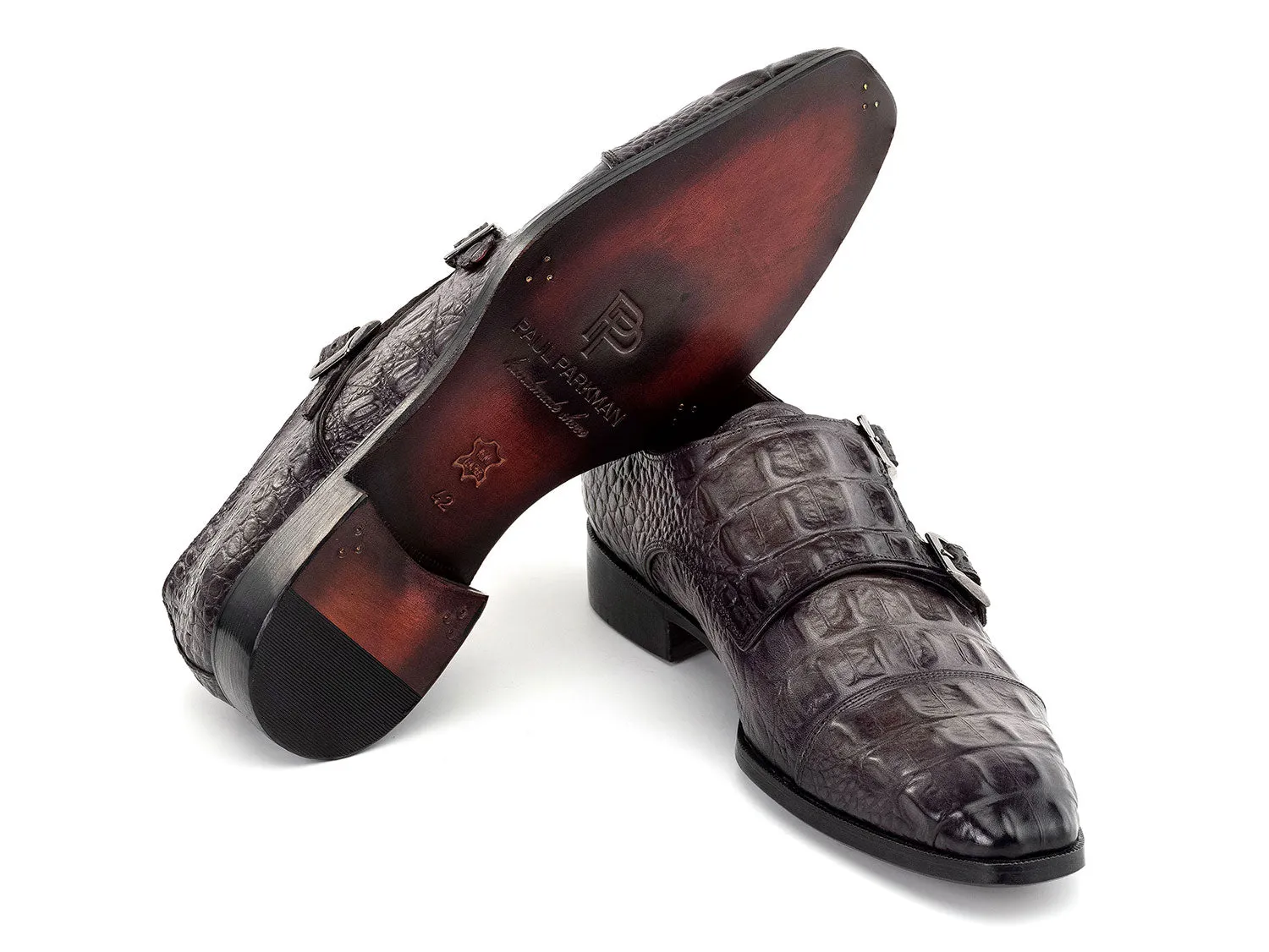 Paul Parkman Shoes Paul Parkman Double Monkstrap Shoes Crocodile Textured Leather in Grey