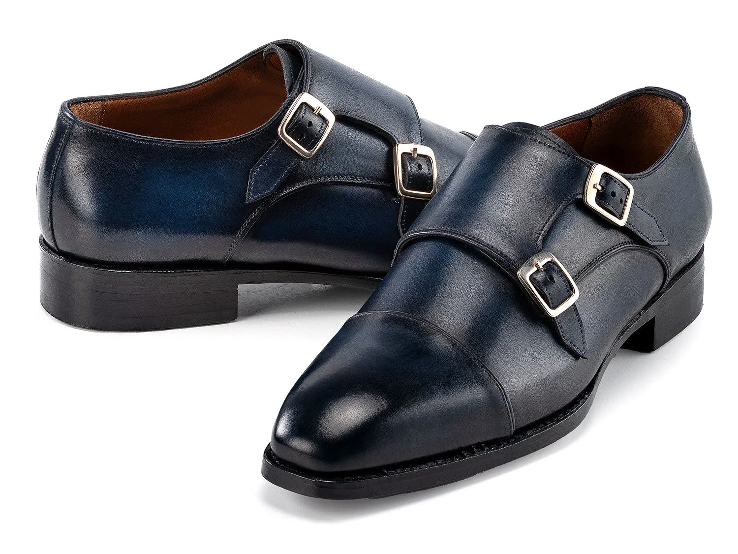 Paul Parkman Shoes Paul Parkman Men's Goodyear Welted Double Monkstrap Shoes in Navy Blue