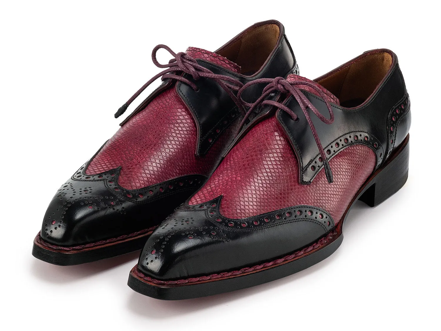 Paul Parkman Shoes Paul Parkman Men's Hand-Welted Leather Wingtip Derby Shoes in Black & Red