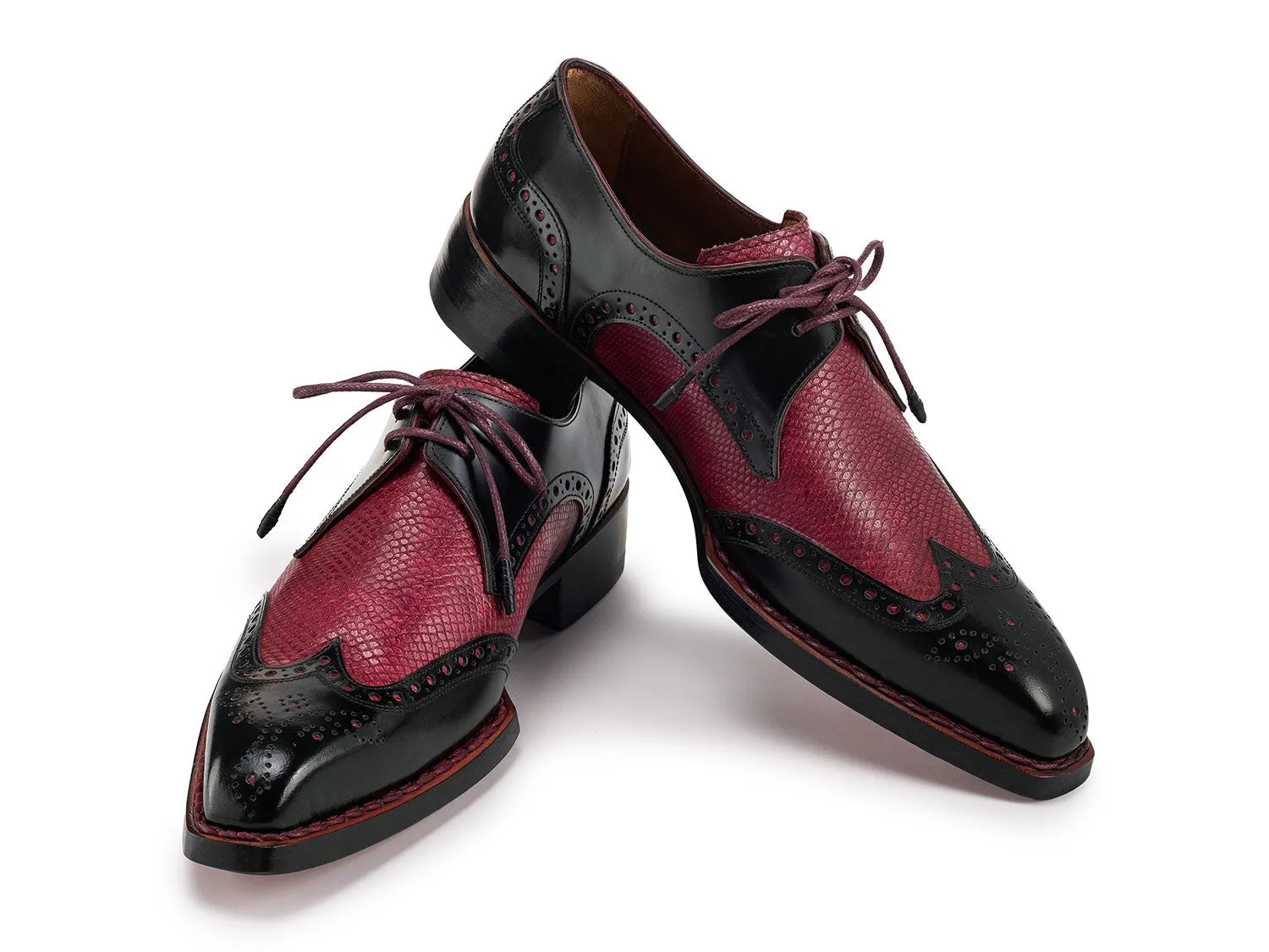 Paul Parkman Shoes Paul Parkman Men's Hand-Welted Leather Wingtip Derby Shoes in Black & Red