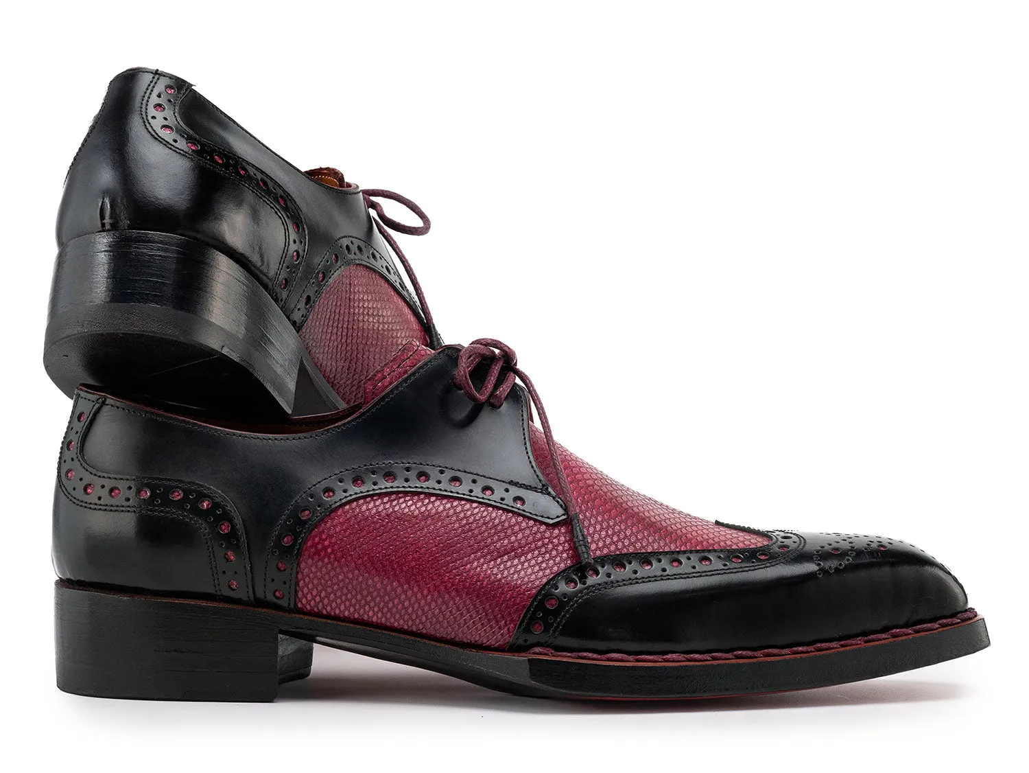 Paul Parkman Shoes Paul Parkman Men's Hand-Welted Leather Wingtip Derby Shoes in Black & Red