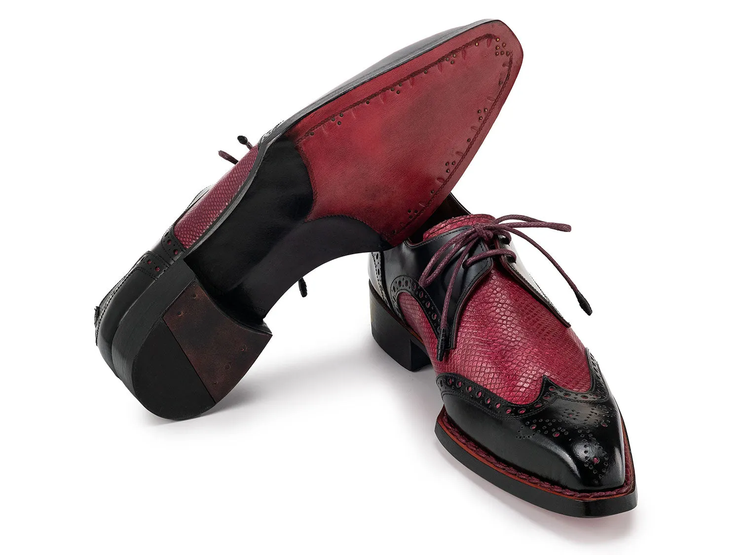 Paul Parkman Shoes Paul Parkman Men's Hand-Welted Leather Wingtip Derby Shoes in Black & Red