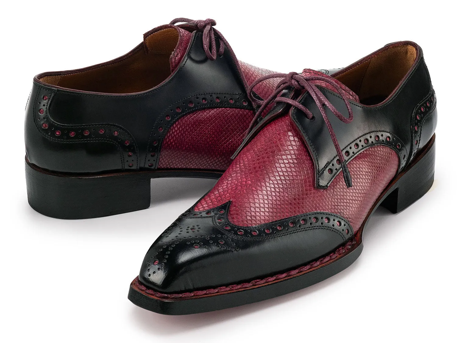 Paul Parkman Shoes Paul Parkman Men's Hand-Welted Leather Wingtip Derby Shoes in Black & Red