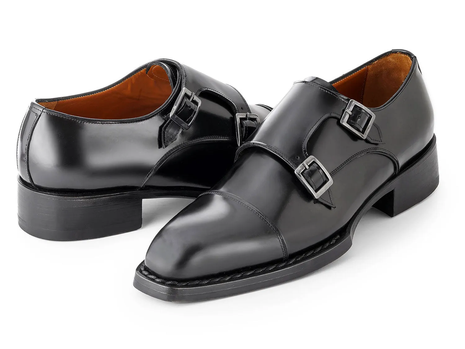 Paul Parkman Shoes Paul Parkman Men's Triple Leather Sole Hand-Welted Cap Toe Monkstraps in Black