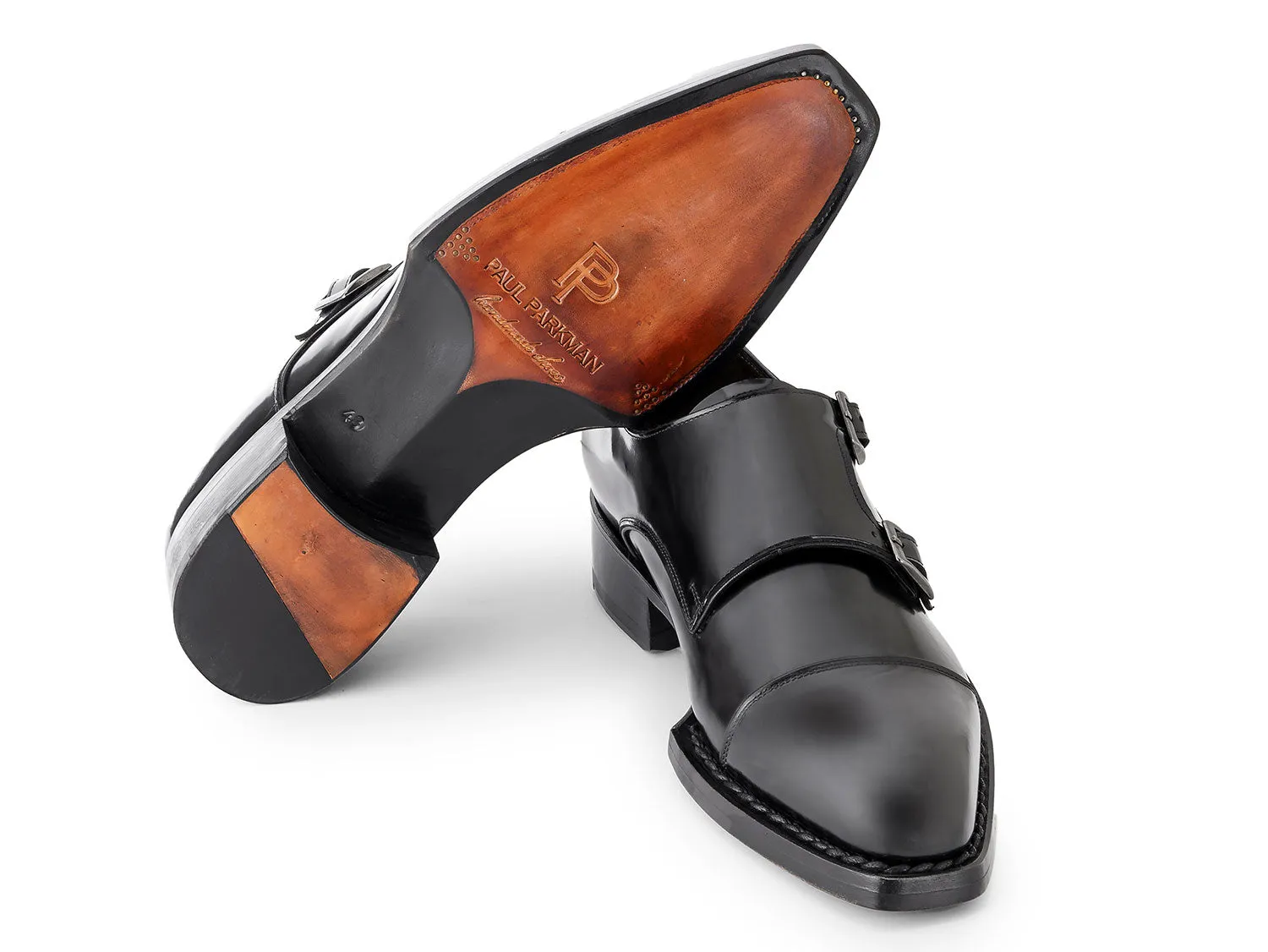 Paul Parkman Shoes Paul Parkman Men's Triple Leather Sole Hand-Welted Cap Toe Monkstraps in Black
