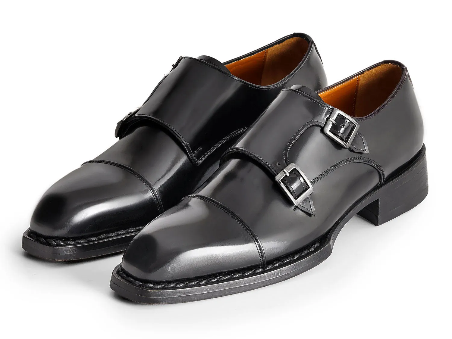 Paul Parkman Shoes Paul Parkman Men's Triple Leather Sole Hand-Welted Cap Toe Monkstraps in Black