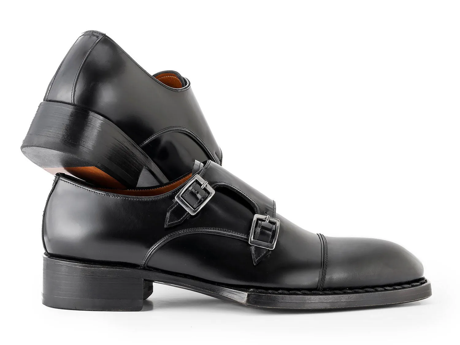 Paul Parkman Shoes Paul Parkman Men's Triple Leather Sole Hand-Welted Cap Toe Monkstraps in Black