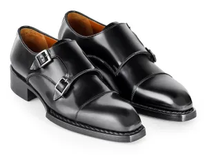 Paul Parkman Shoes Paul Parkman Men's Triple Leather Sole Hand-Welted Cap Toe Monkstraps in Black
