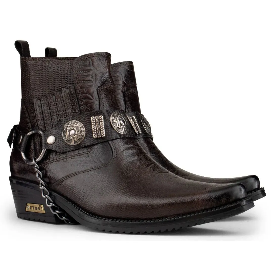 Real Leather Cowboy Ankle Boots With Chain