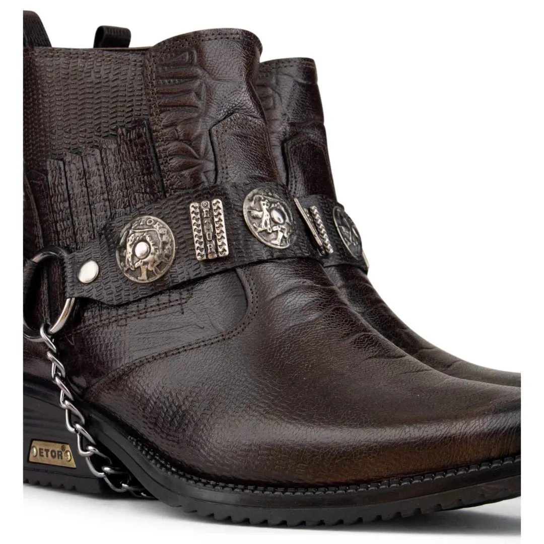 Real Leather Cowboy Ankle Boots With Chain