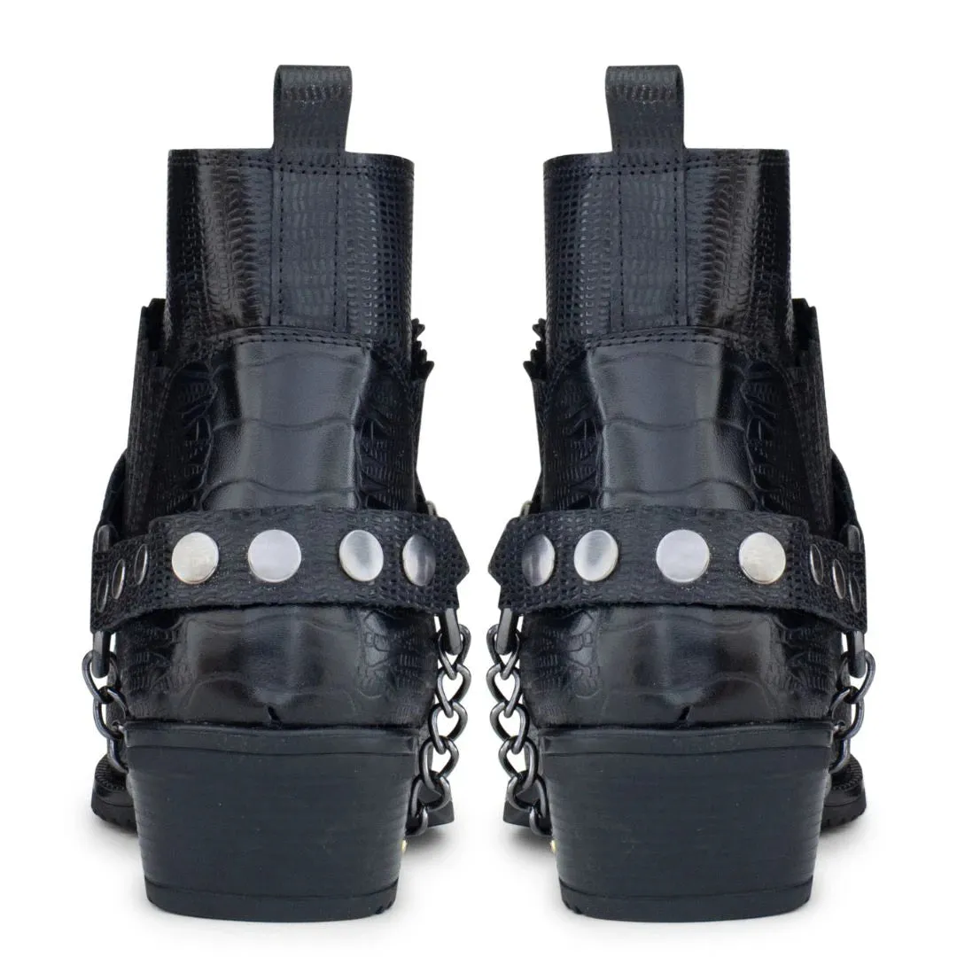 Real Leather Cowboy Ankle Boots With Chain