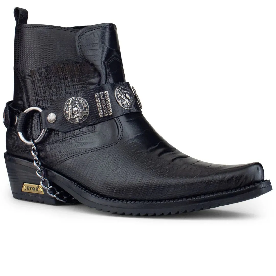 Real Leather Cowboy Ankle Boots With Chain