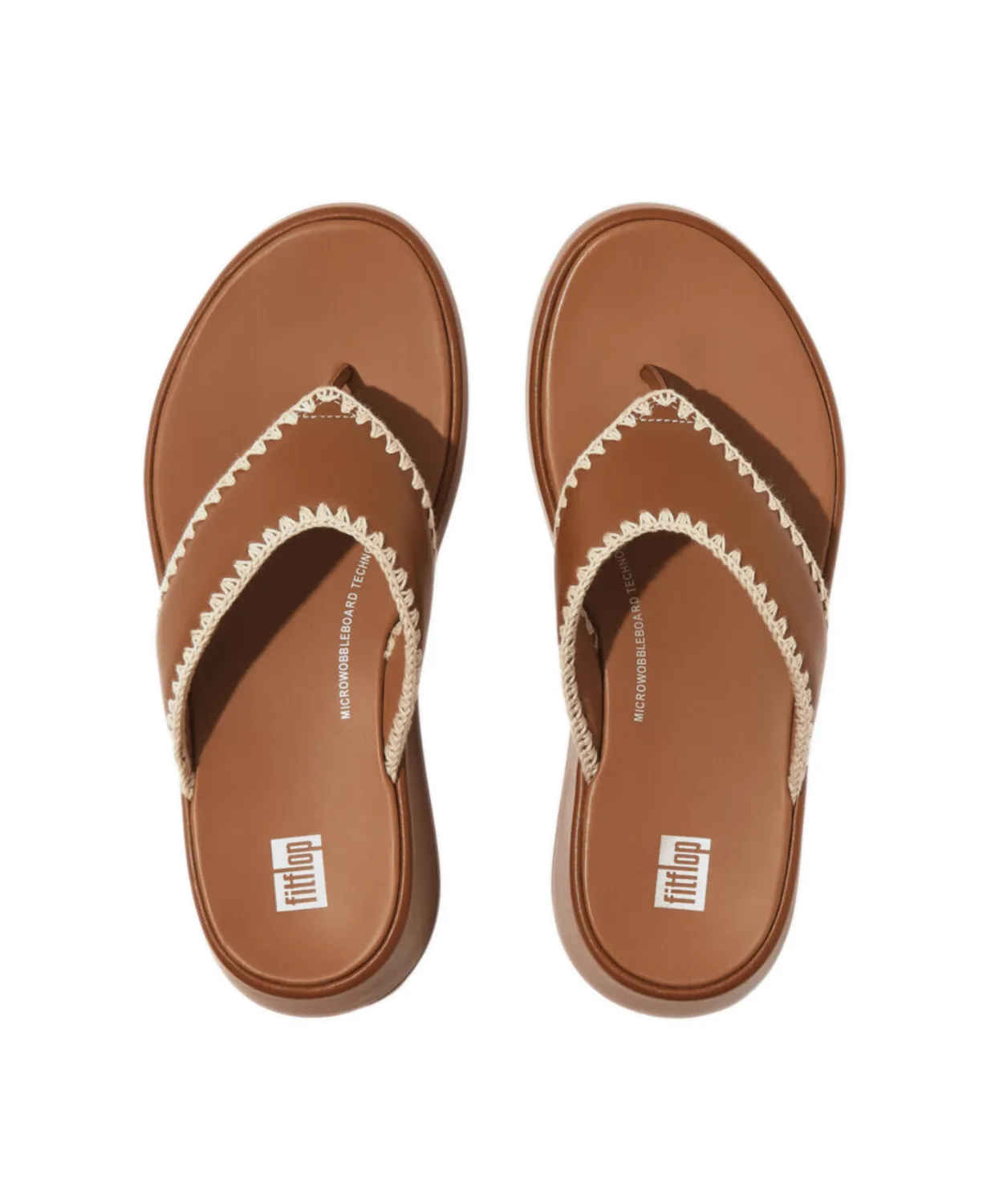 Womens Fitflop Shoes FitFlop F-mode Crochet-Stitch Leather Flatform Toe-Thongs Tan