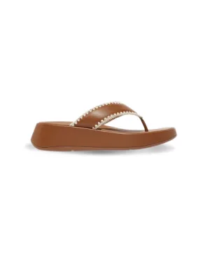 Womens Fitflop Shoes FitFlop F-mode Crochet-Stitch Leather Flatform Toe-Thongs Tan