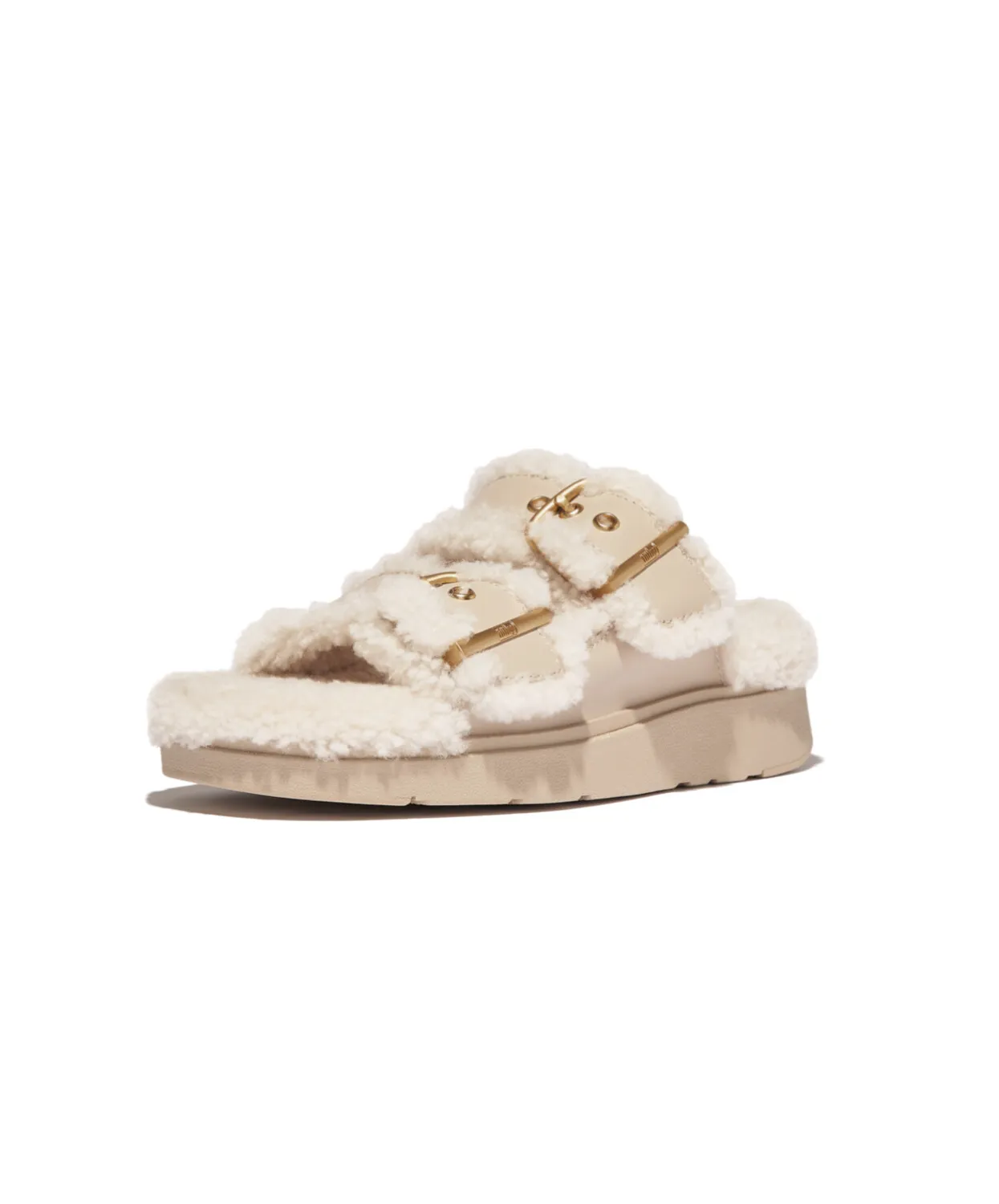Womens Fitflop Shoes Fitflop Gen-FF Buckle 2 Bar Curly Shearling Leather Slides Stone Beige