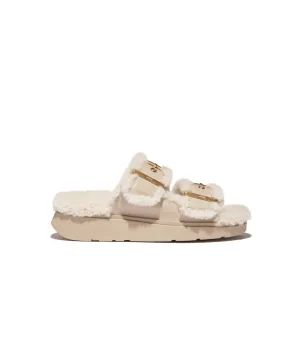 Womens Fitflop Shoes Fitflop Gen-FF Buckle 2 Bar Curly Shearling Leather Slides Stone Beige