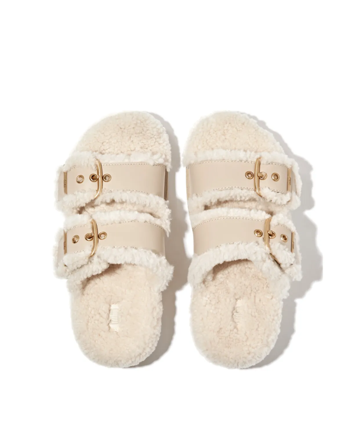 Womens Fitflop Shoes Fitflop Gen-FF Buckle 2 Bar Curly Shearling Leather Slides Stone Beige