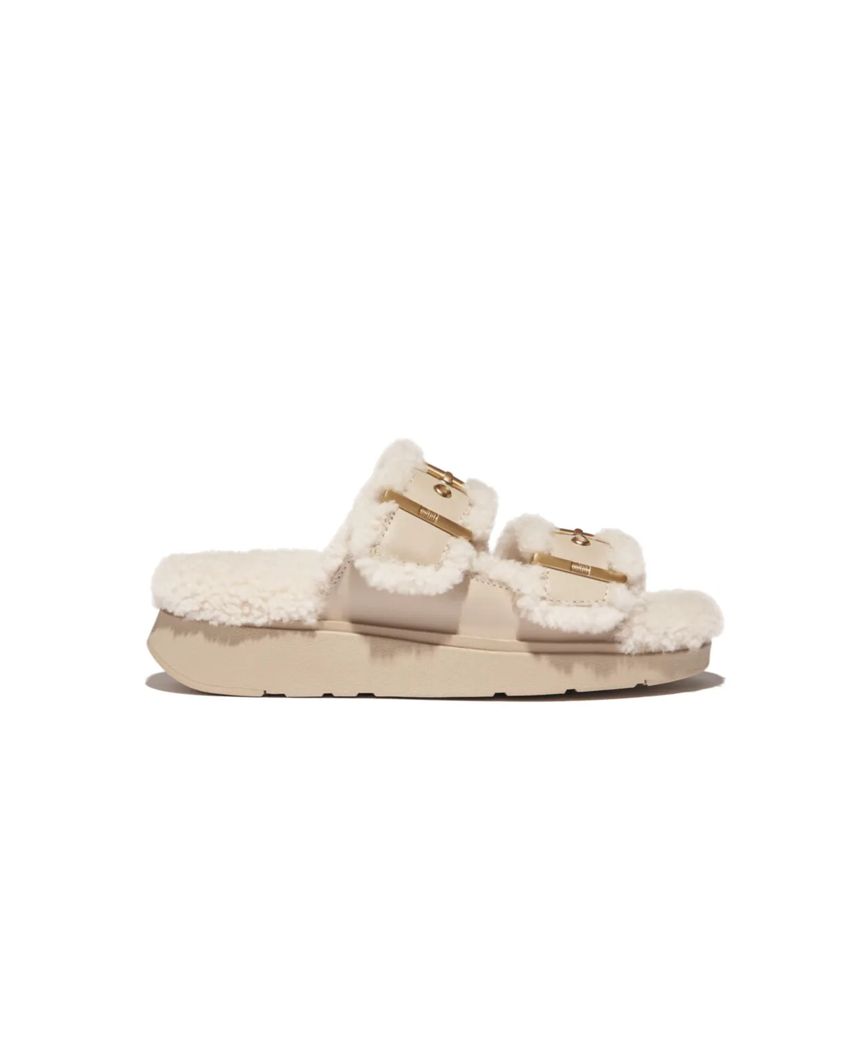 Womens Fitflop Shoes Fitflop Gen-FF Buckle 2 Bar Curly Shearling Leather Slides Stone Beige