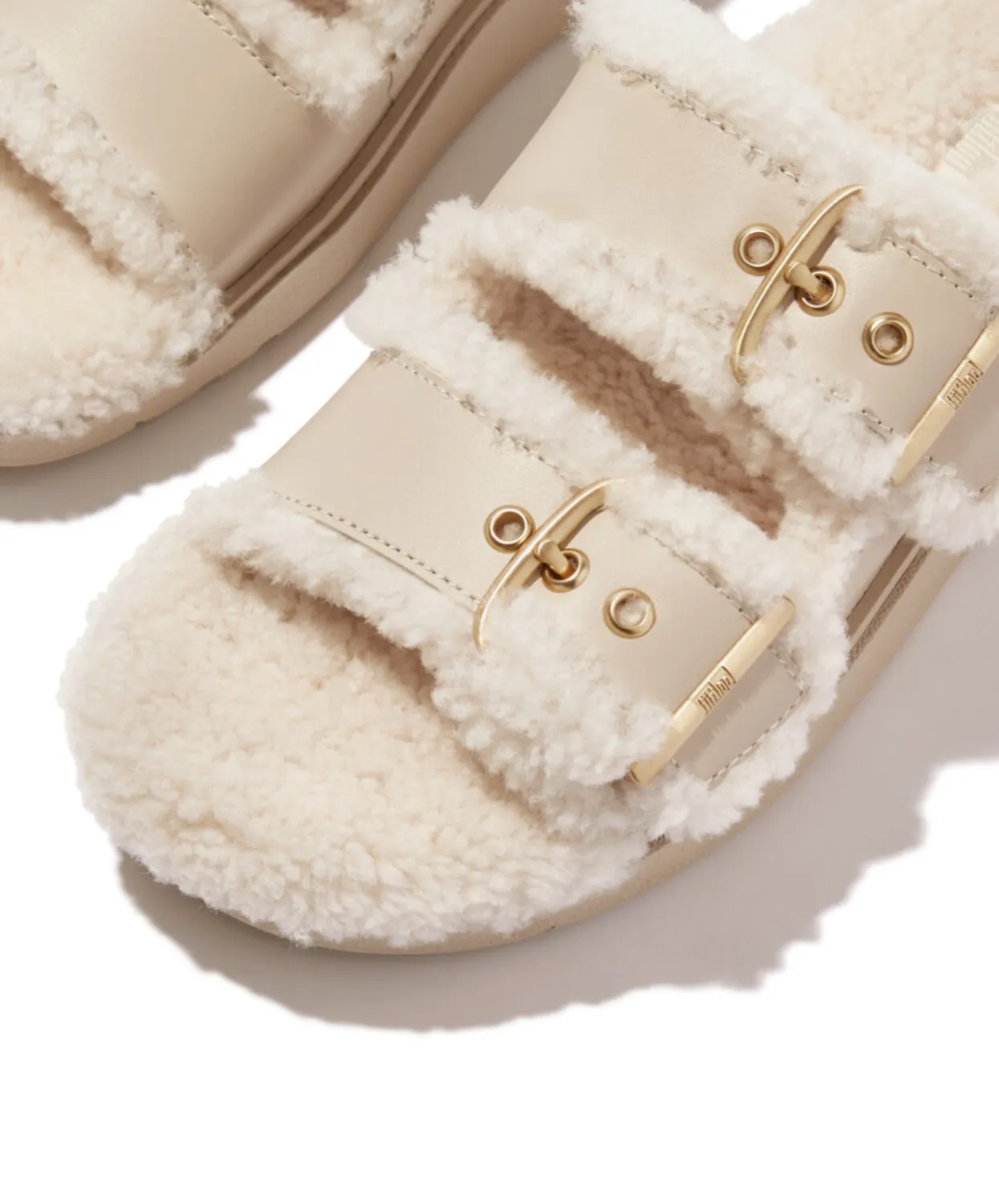 Womens Fitflop Shoes Fitflop Gen-FF Buckle 2 Bar Curly Shearling Leather Slides Stone Beige