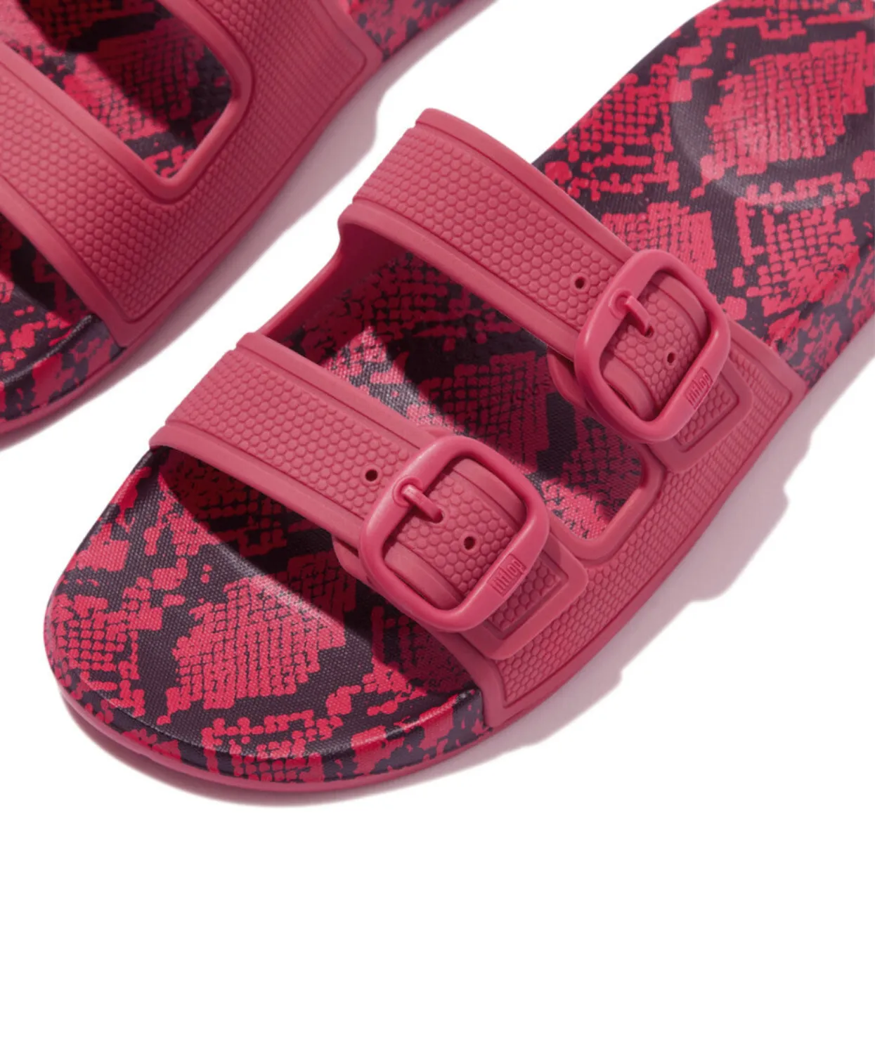 Womens Fitflop Shoes Fitflop iQushion Snake Print Two Bar Buckle Slides Wild Raspberry