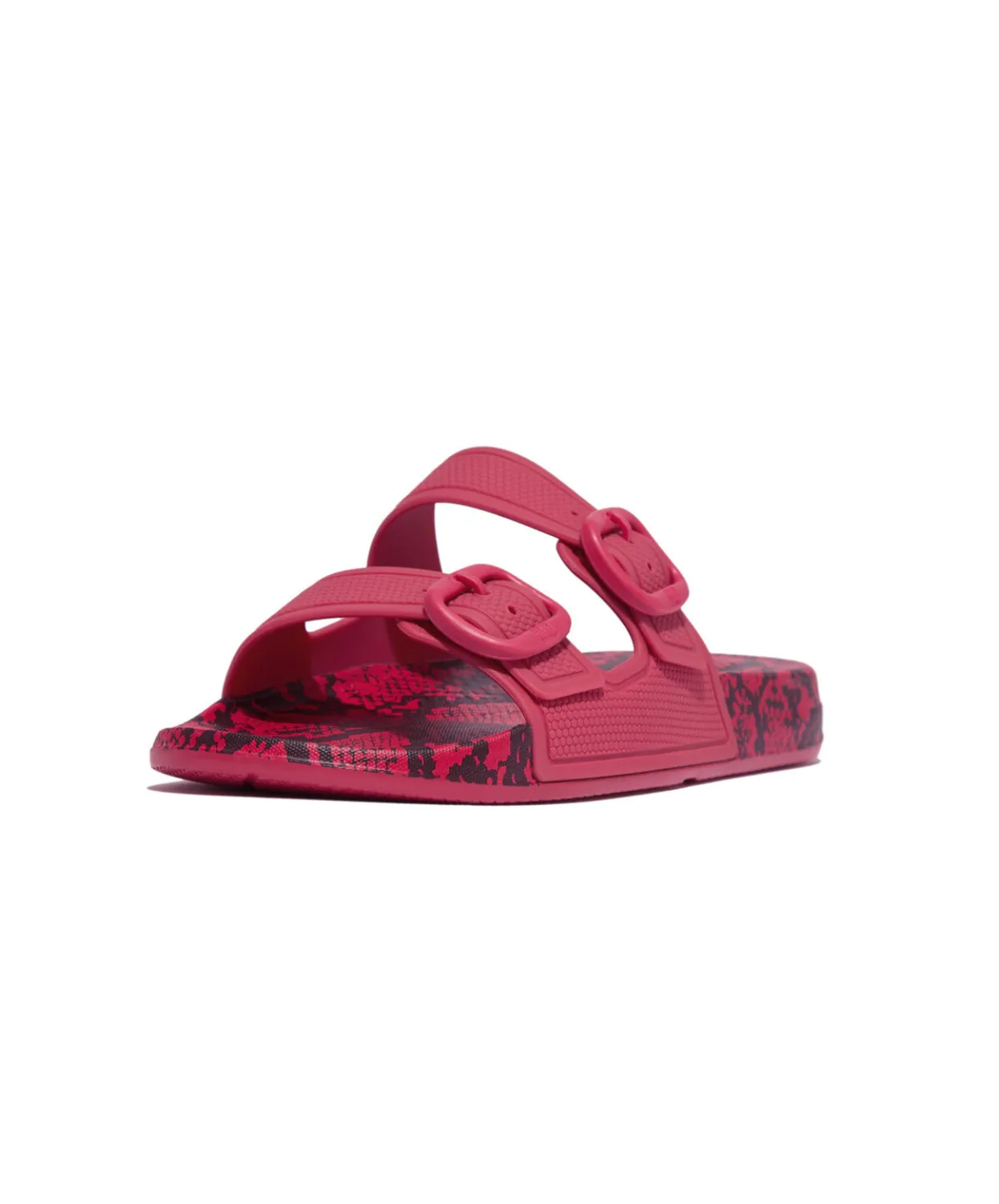 Womens Fitflop Shoes Fitflop iQushion Snake Print Two Bar Buckle Slides Wild Raspberry