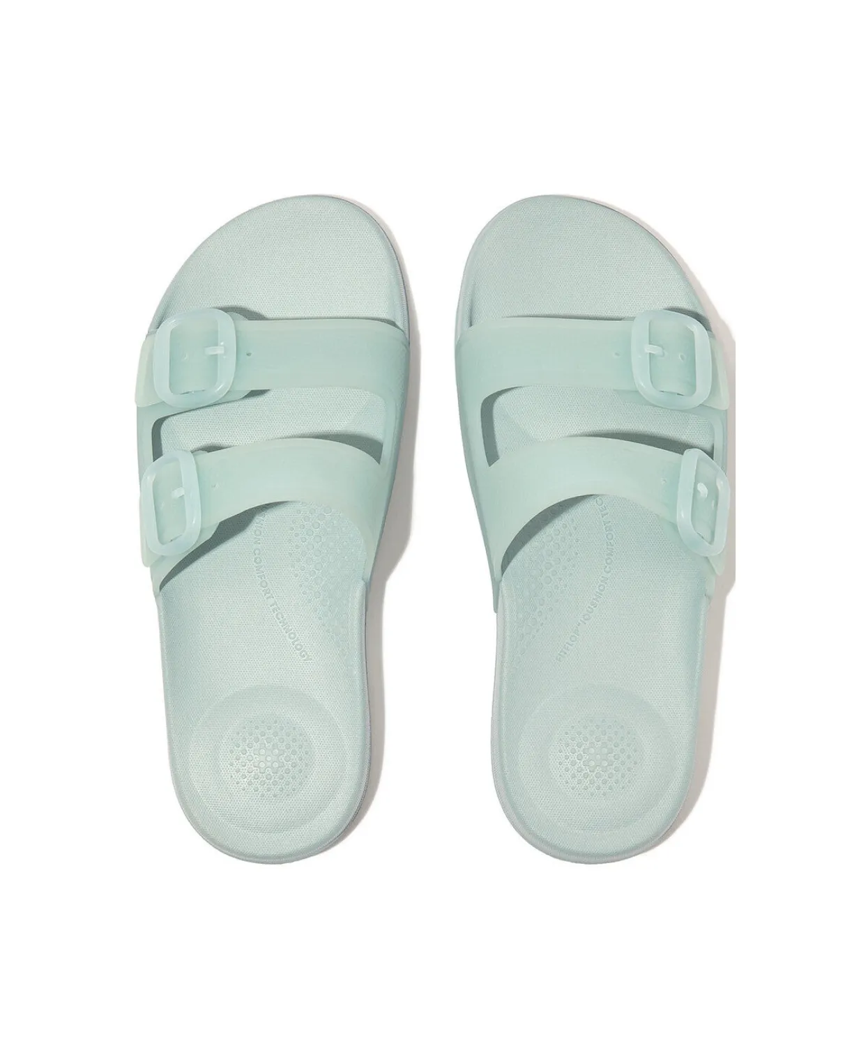 Womens Fitflop Shoes FitFlop iQushion Translucent Two Bar Buckle Slides Blue