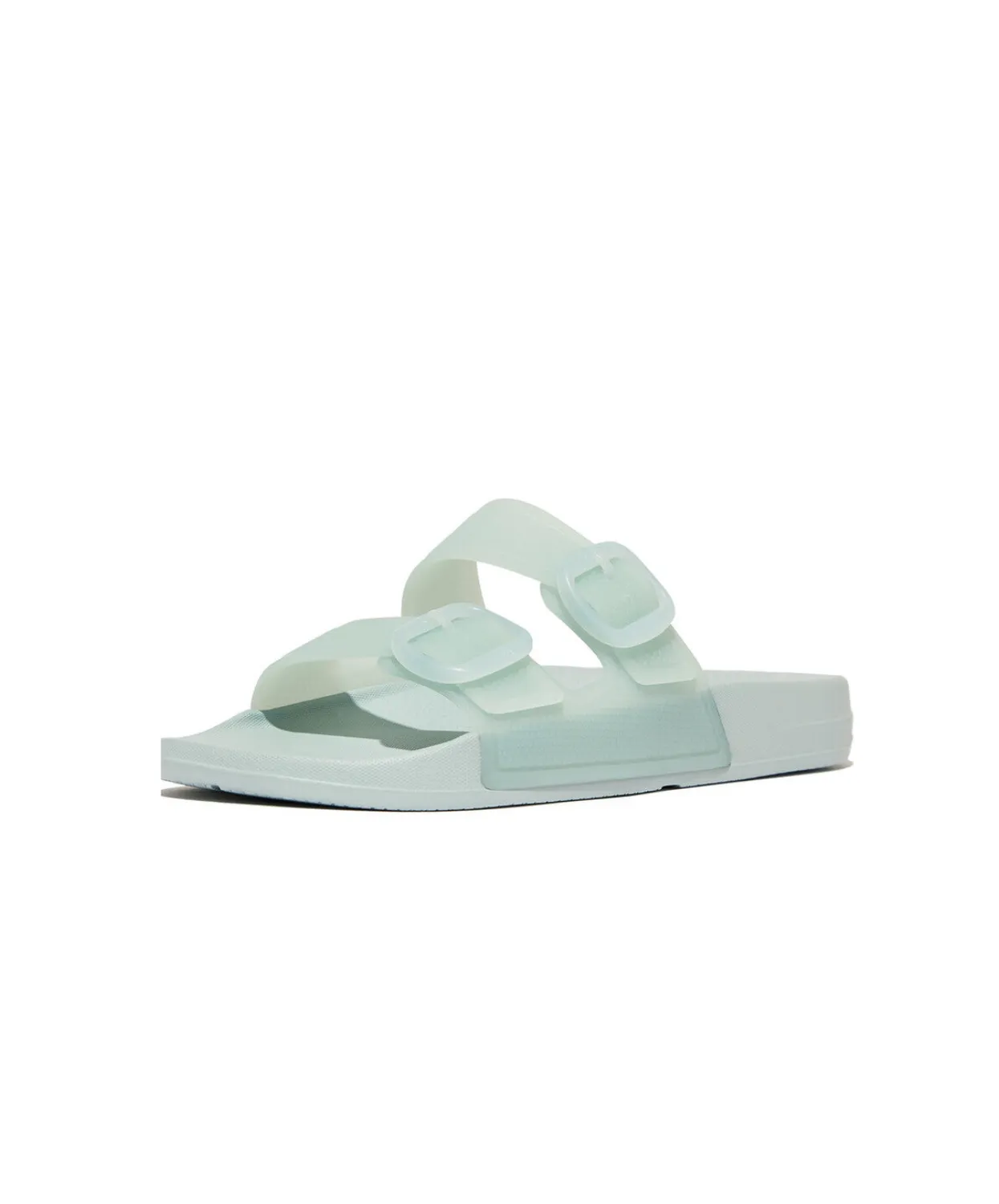 Womens Fitflop Shoes FitFlop iQushion Translucent Two Bar Buckle Slides Blue