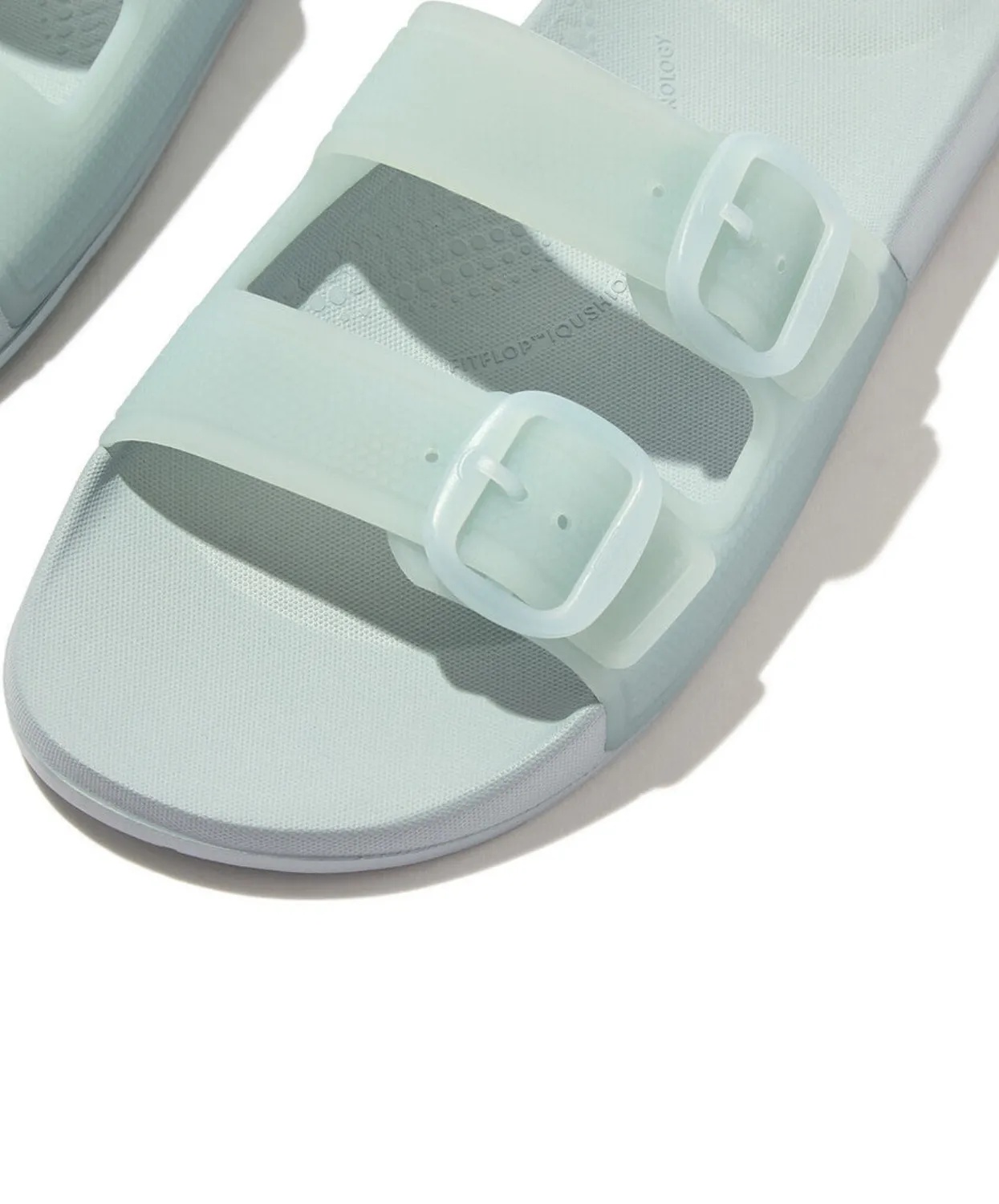 Womens Fitflop Shoes FitFlop iQushion Translucent Two Bar Buckle Slides Blue