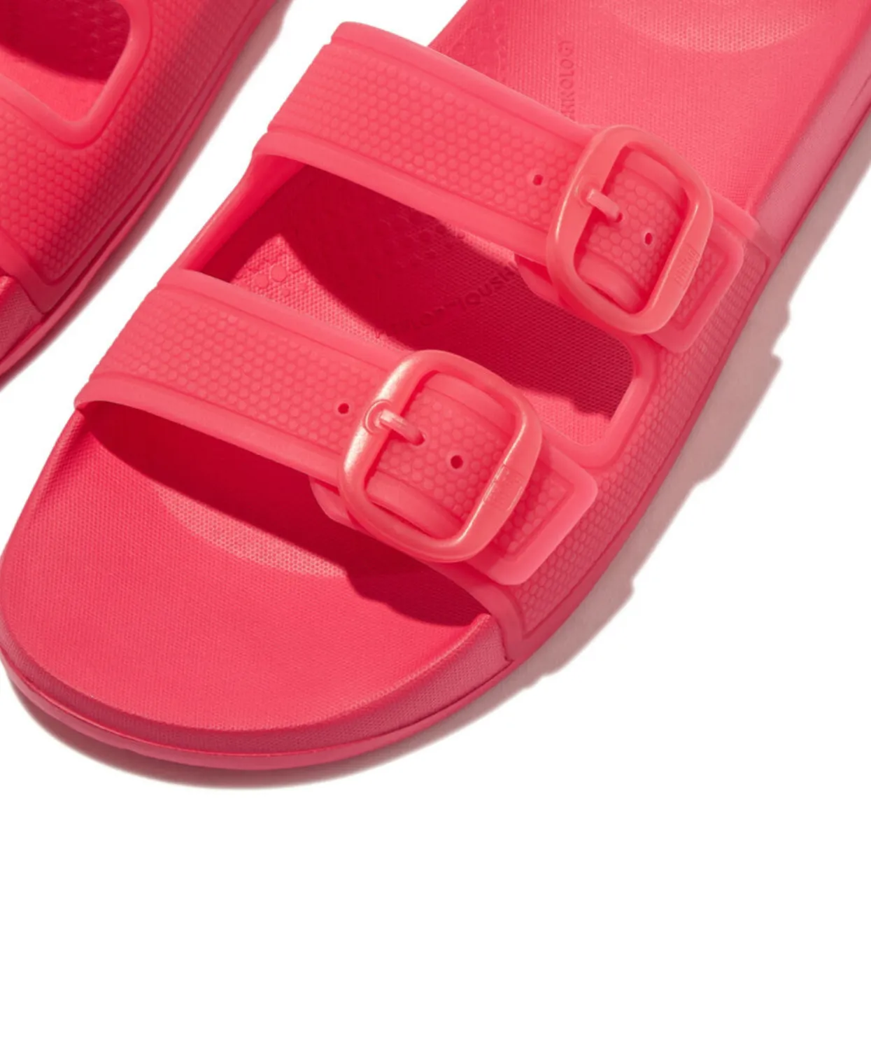Womens Fitflop Shoes FitFlop iQushion Translucent Two Bar Buckle Slides Pink