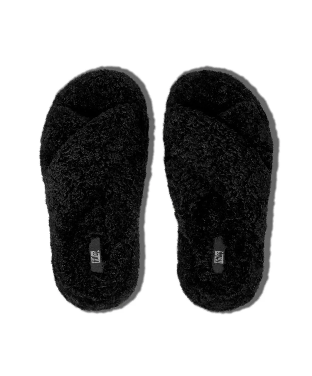 Womens Fitflop Shoes Fitflop IQushon D-Luxe Padded Teddy Cross Slides All Black